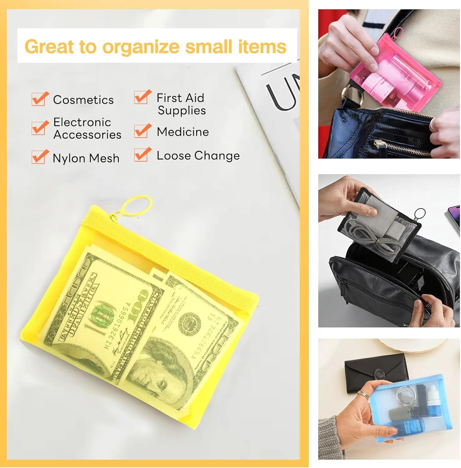 EASYFUN Mesh Zipper Bag Purse Organizer Pouches Makeup/Cosmetic Bag Travel Toiletry Bag Coin Pouch Daily Accessories