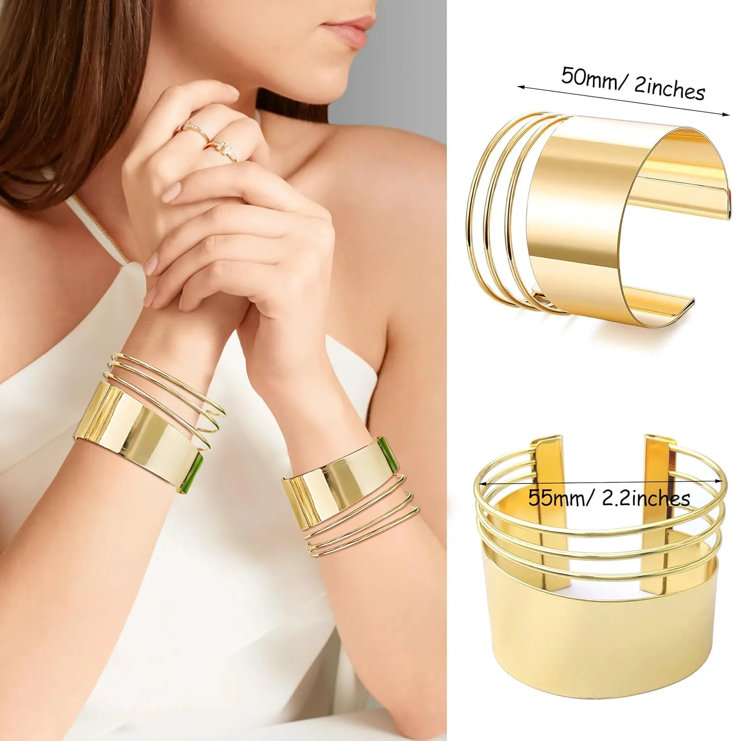 EIELO 2 Pcs Gold Cuff Bangle Bracelet for Women Open Wrist Cuff Wrap Bracelet