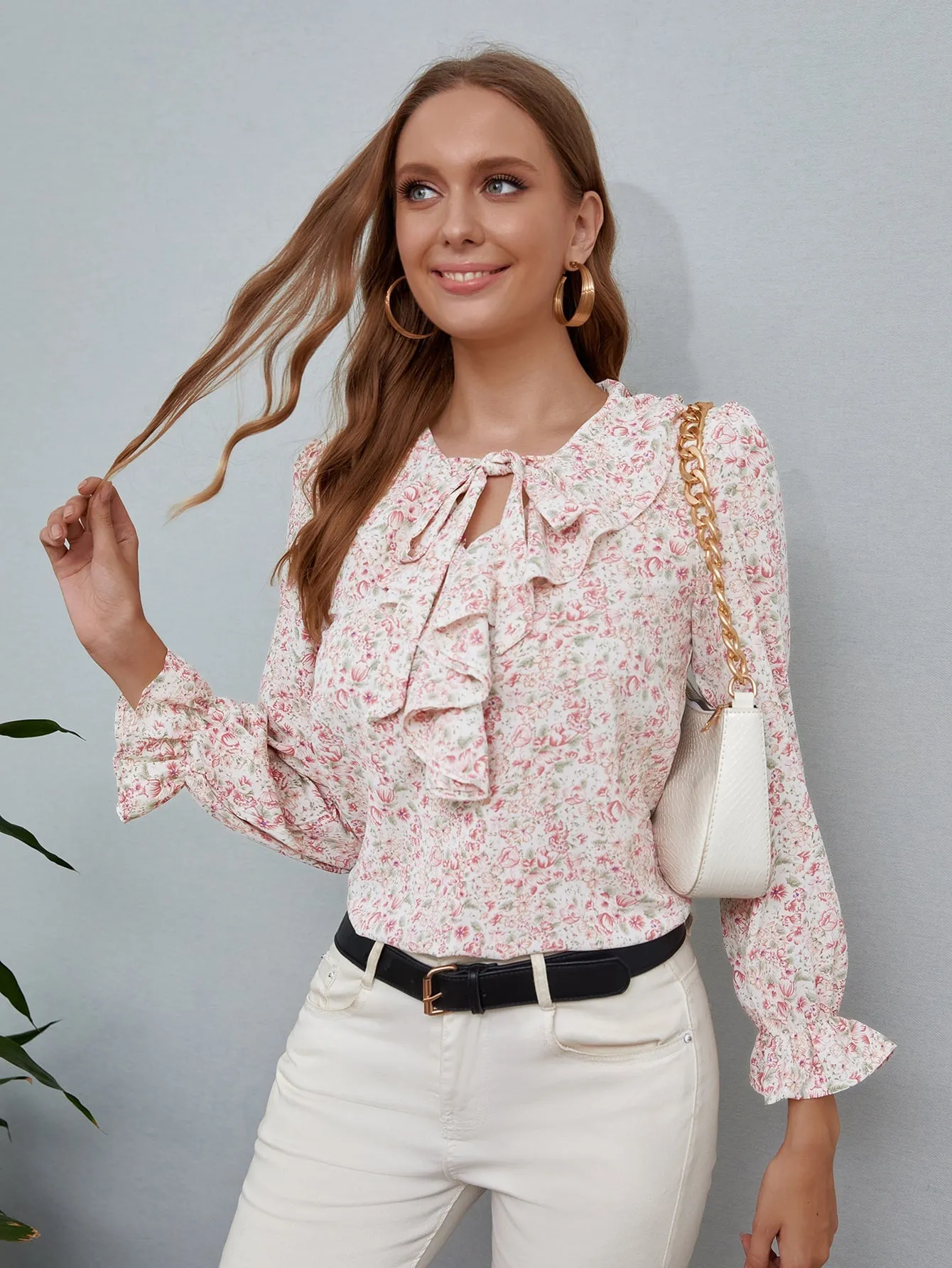 Elegant Floral Tie Front Long Sleeve Tie Neck Regular Blouse