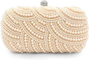 Elegant Pearl Evening Bag for Women - Beaded Rhinestone Clutch Purse with Detachable Chain for Bridal, Wedding, Cocktail, Banquet, Prom, and Party - Beige