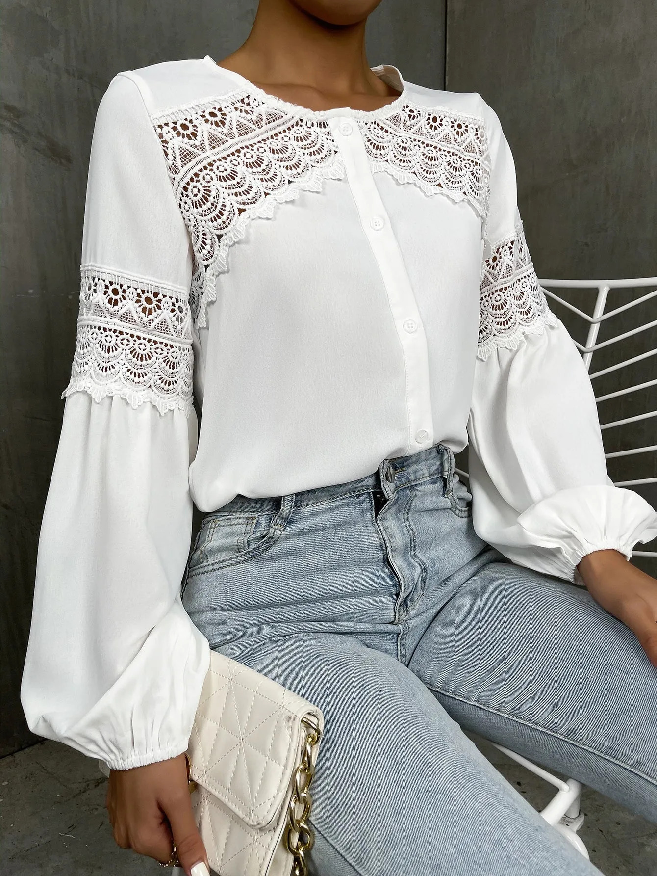 Elegant Plain Button Front Long Sleeve Round Neck Regular Blouse