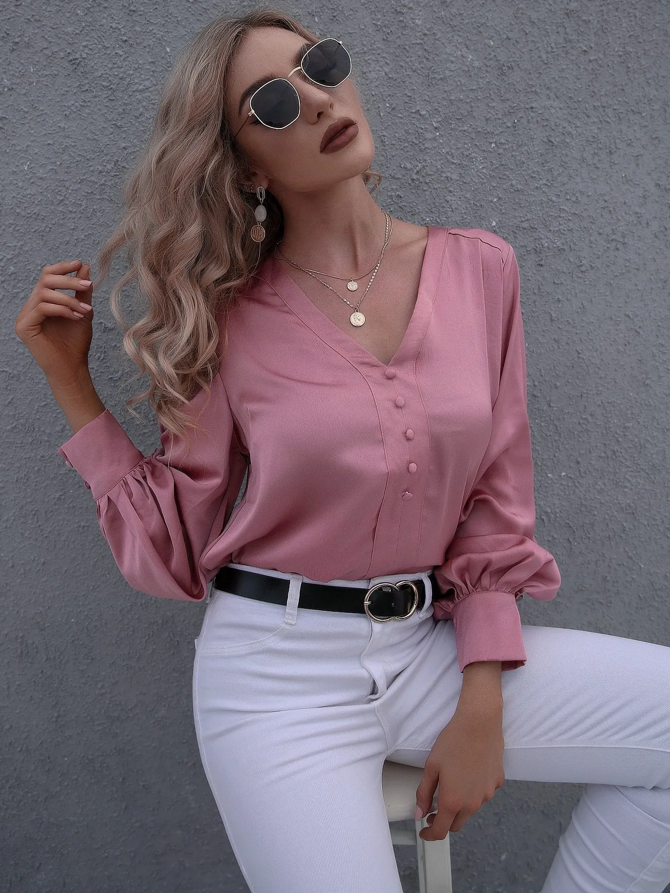 Elegant Plain Button Front Long Sleeve V Neck Asymmetrical Long Blouse