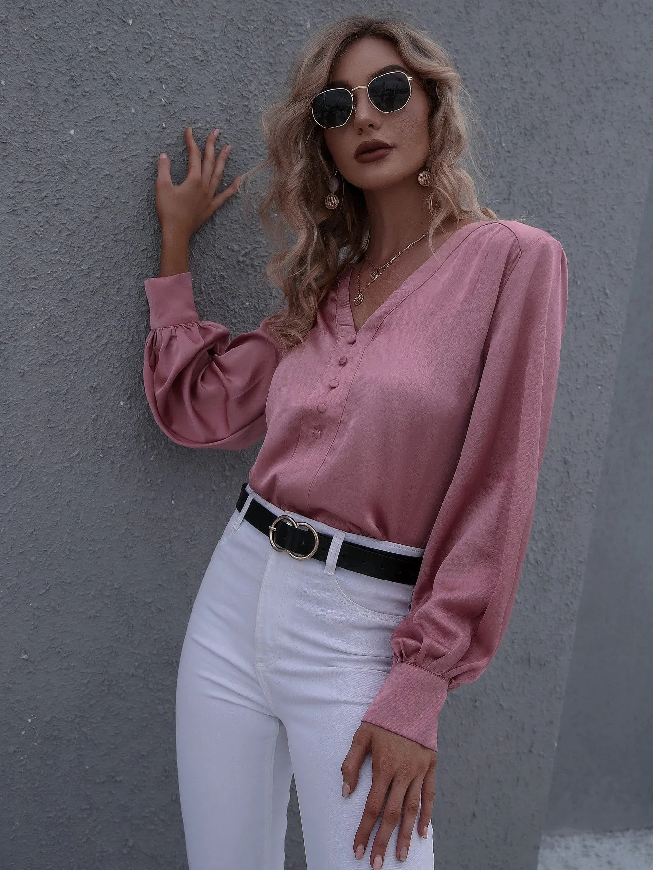Elegant Plain Button Front Long Sleeve V Neck Asymmetrical Long Blouse