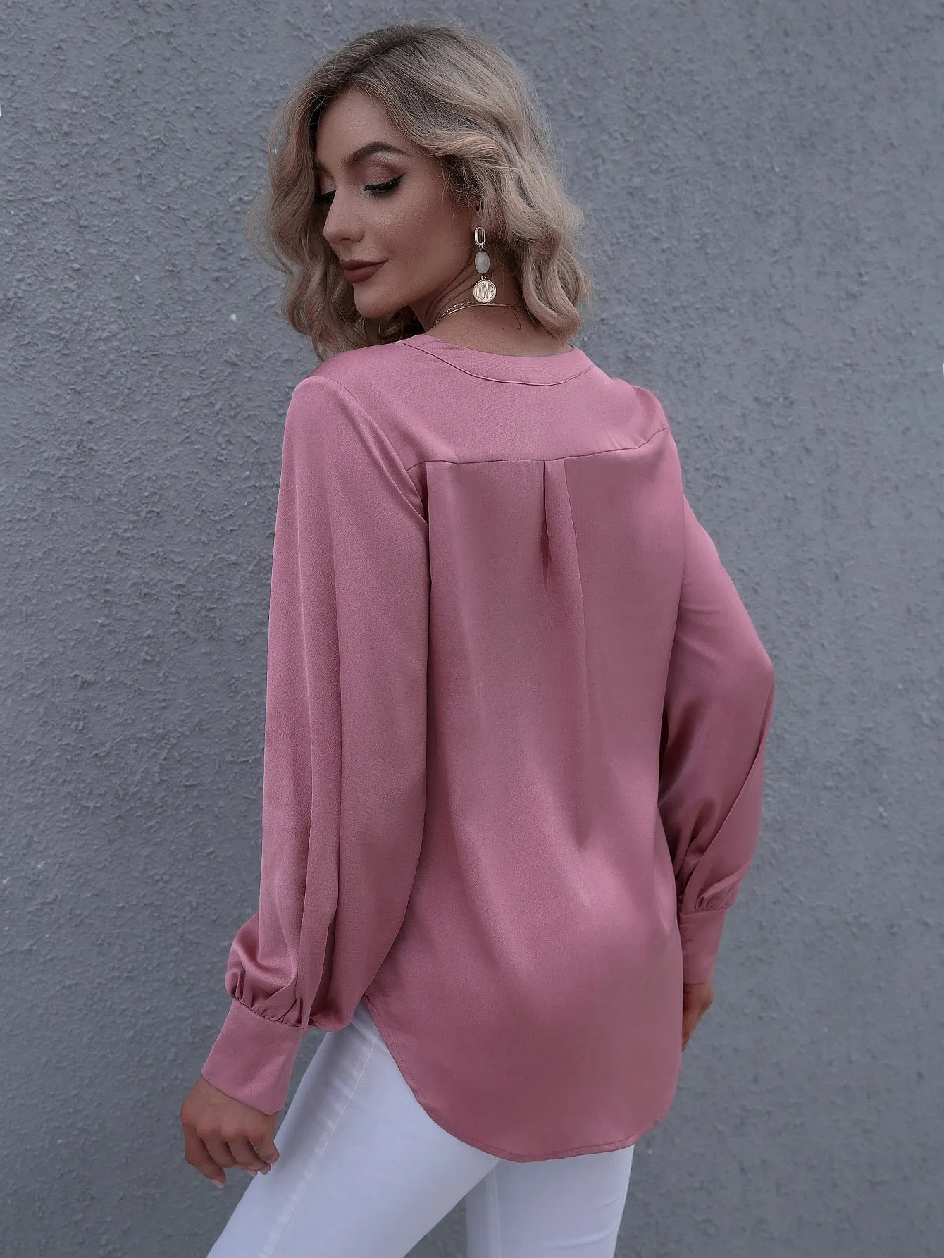 Elegant Plain Button Front Long Sleeve V Neck Asymmetrical Long Blouse