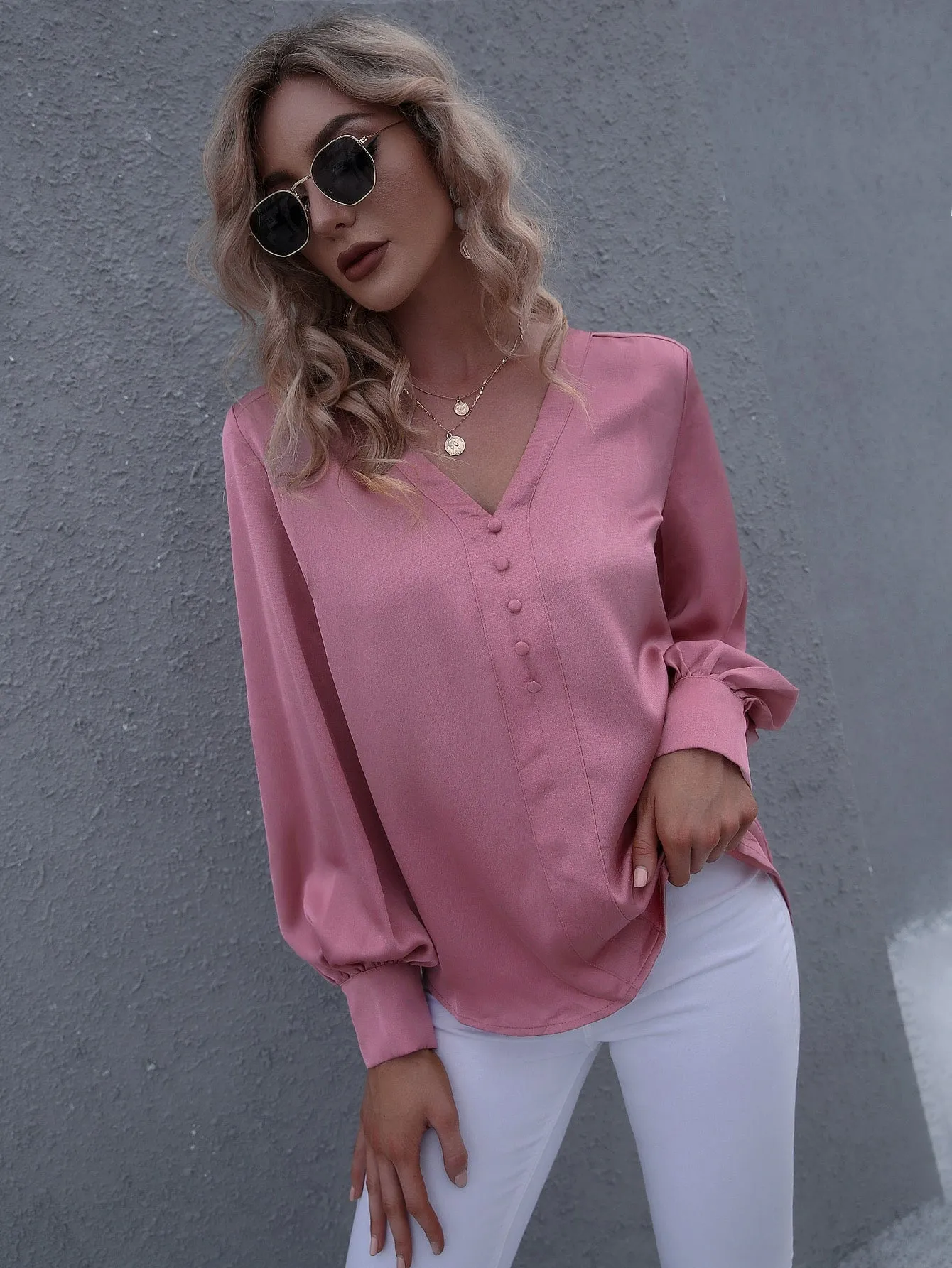Elegant Plain Button Front Long Sleeve V Neck Asymmetrical Long Blouse