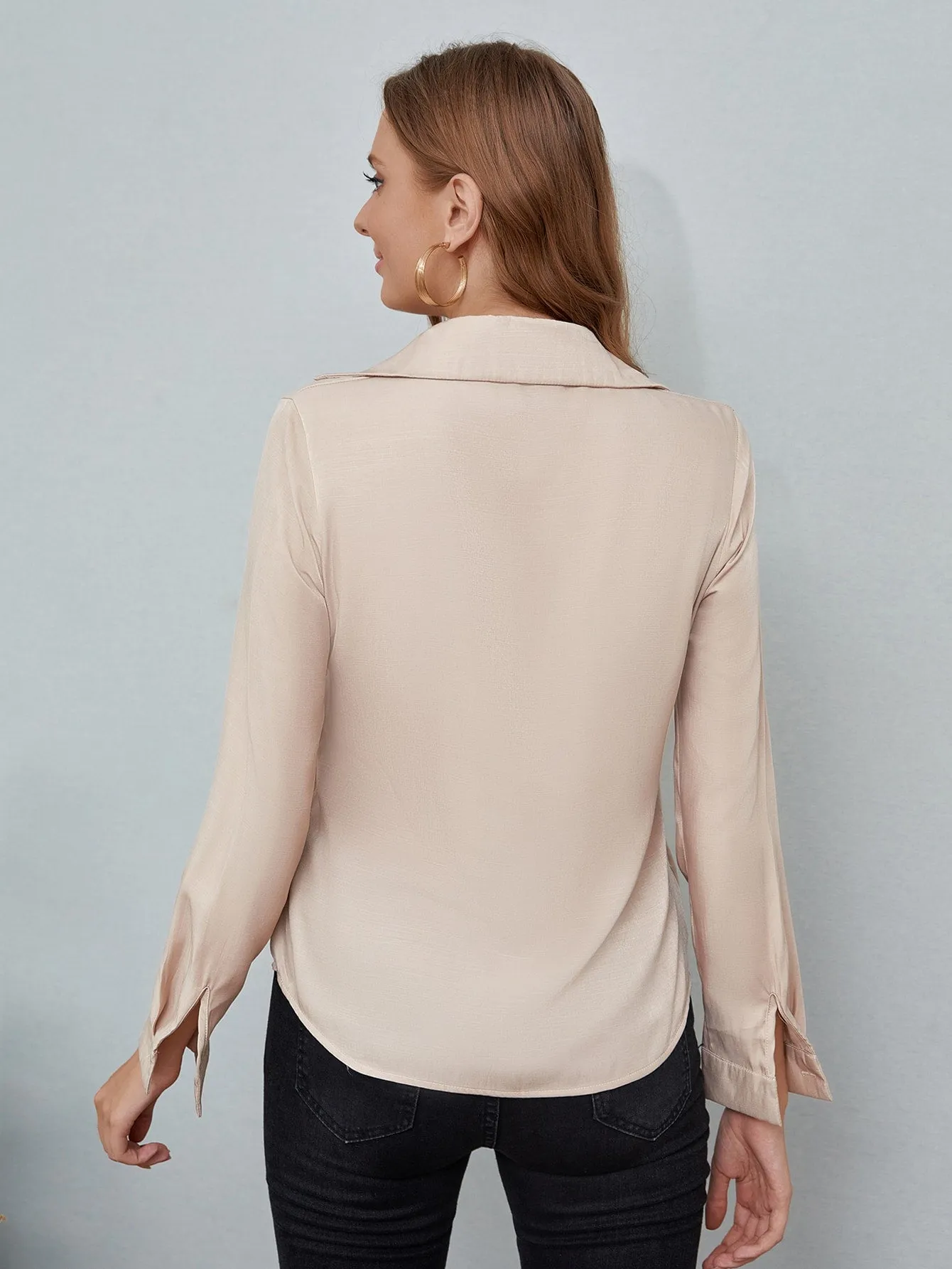Elegant Plain Button Long Sleeve Collar Regular Blouse