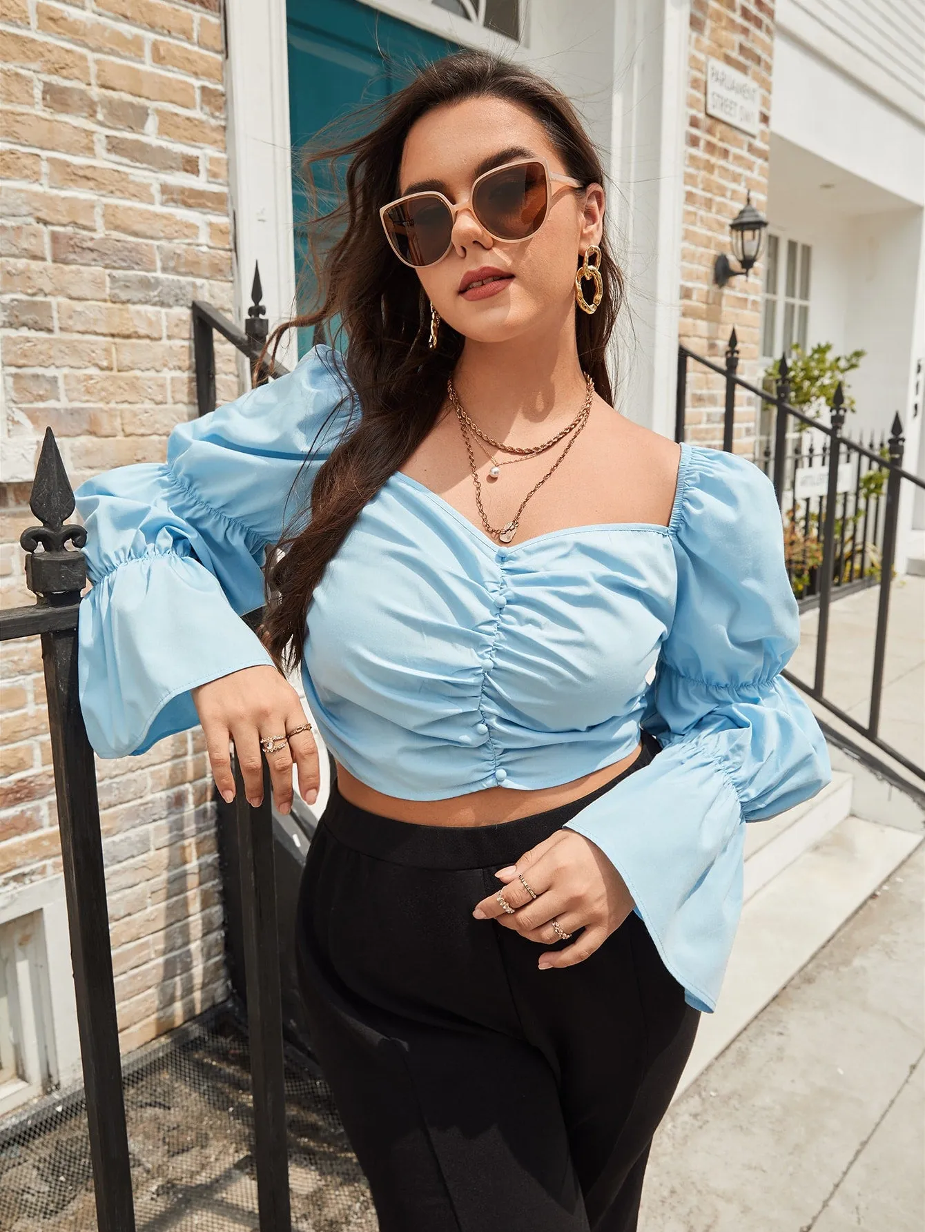 Elegant Plain Shirred Long Sleeve Sweetheart Crop Plus Size Blouse