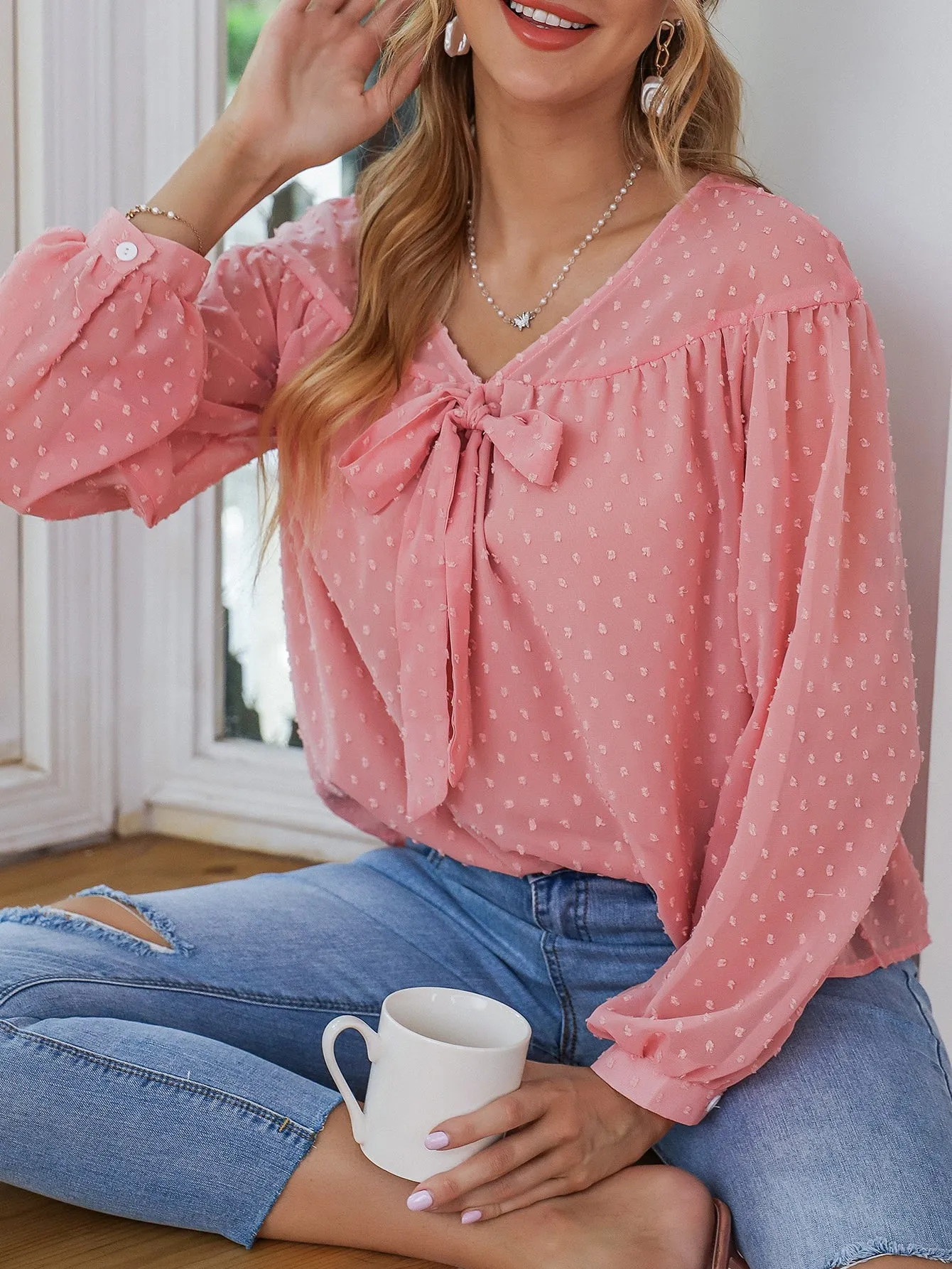 Elegant Plain Tie Front Long Sleeve V Neck Regular Blouse