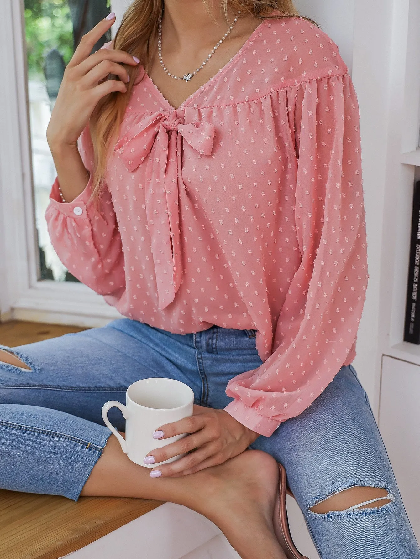 Elegant Plain Tie Front Long Sleeve V Neck Regular Blouse