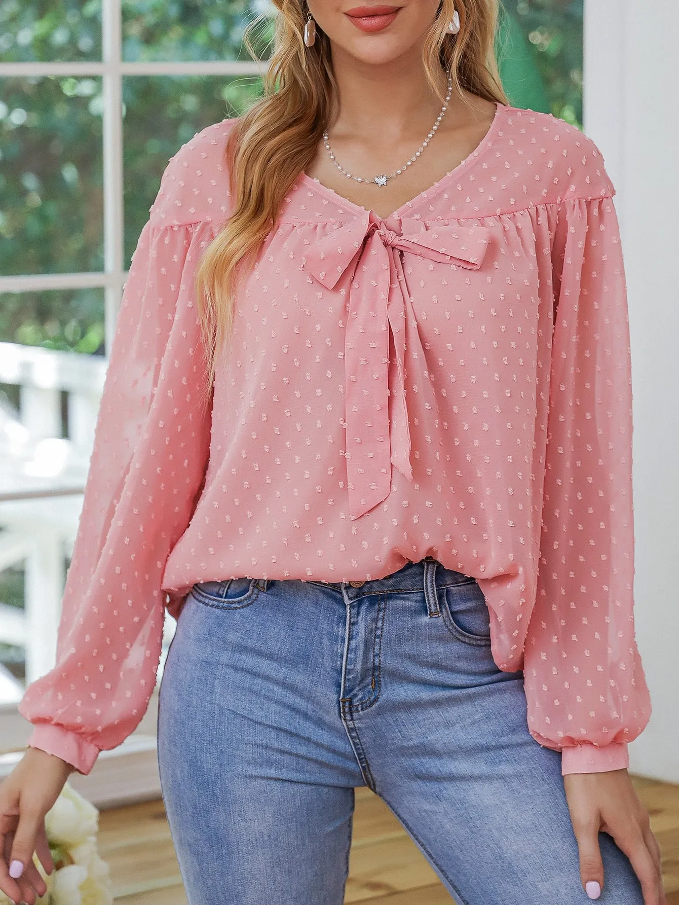 Elegant Plain Tie Front Long Sleeve V Neck Regular Blouse