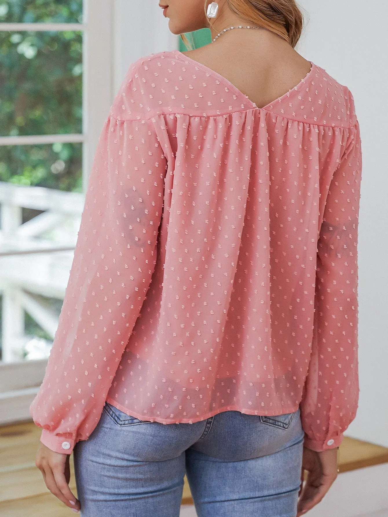 Elegant Plain Tie Front Long Sleeve V Neck Regular Blouse