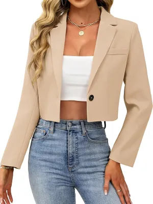 ELLEVEN Womens Cropped Blazer Business Casual Open Front Long Sleeve One Button Jacket
