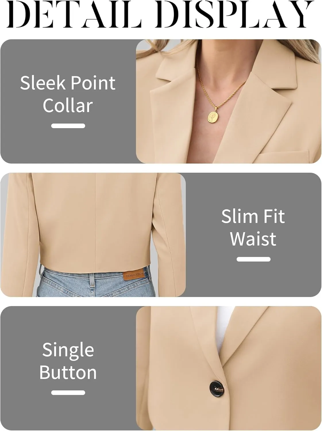 ELLEVEN Womens Cropped Blazer Business Casual Open Front Long Sleeve One Button Jacket