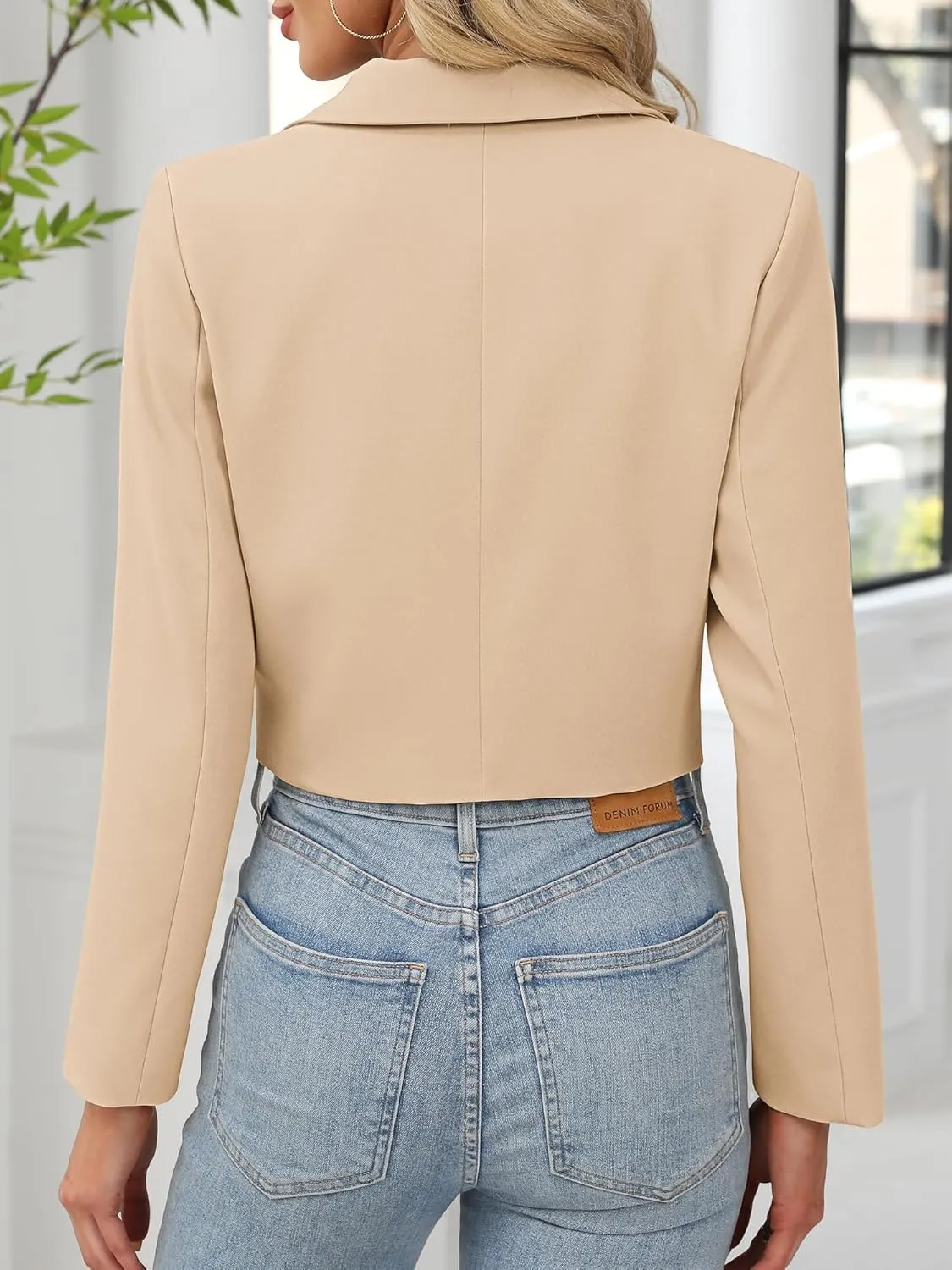 ELLEVEN Womens Cropped Blazer Business Casual Open Front Long Sleeve One Button Jacket