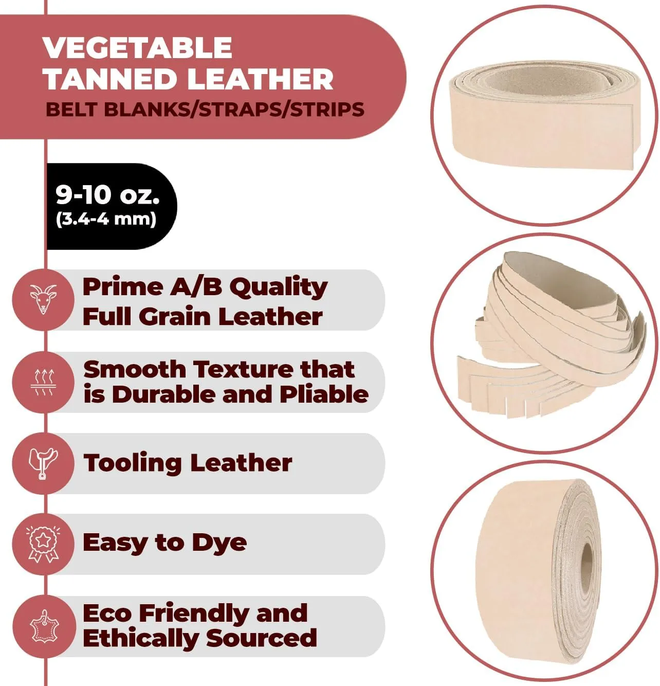ELW Leather Blank Belt - 9-10 oz (3.4-4mm) Thickness - Size 1"x72" (2.54x182cm) Cowhide Vegetable Tanned - Full Grain Strip, Strap - Ideal for DIY Belts - for Tooling, Crafting & Stamping