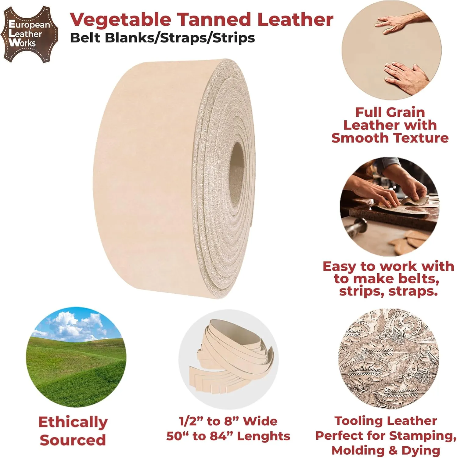 ELW Leather Blank Belt - 9-10 oz (3.4-4mm) Thickness - Size 1"x72" (2.54x182cm) Cowhide Vegetable Tanned - Full Grain Strip, Strap - Ideal for DIY Belts - for Tooling, Crafting & Stamping