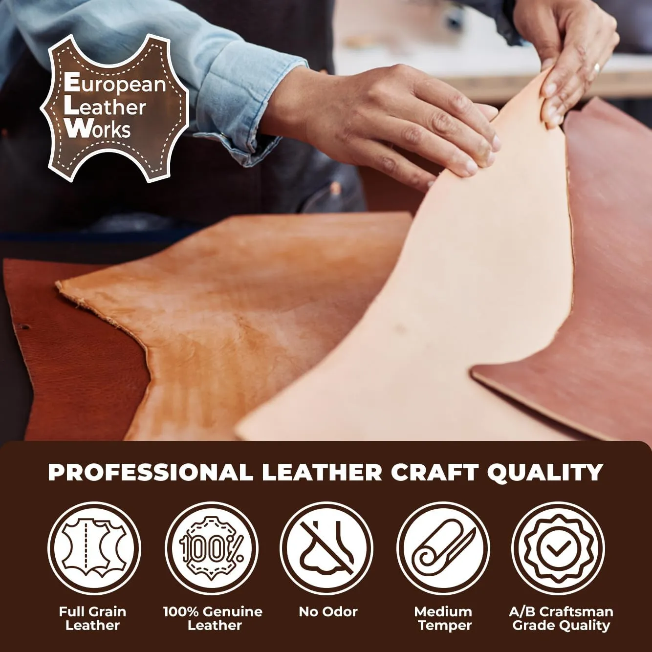 ELW Leather Blank Belt - 9-10 oz (3.4-4mm) Thickness - Size 1"x72" (2.54x182cm) Cowhide Vegetable Tanned - Full Grain Strip, Strap - Ideal for DIY Belts - for Tooling, Crafting & Stamping
