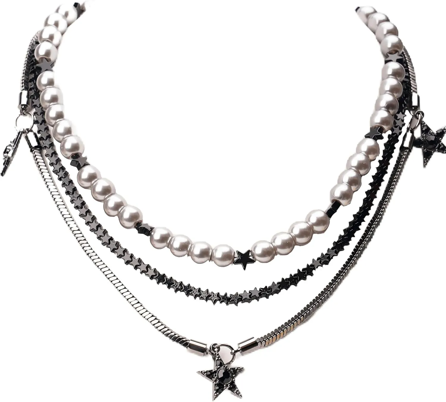 Enjinkail Pearl Statement Necklace for Women, Layered Pearl Necklaces with Rinestone Star, Dainty Black Stackable Choker Necklaces, Pearl Jewelry Set for Women Gifts