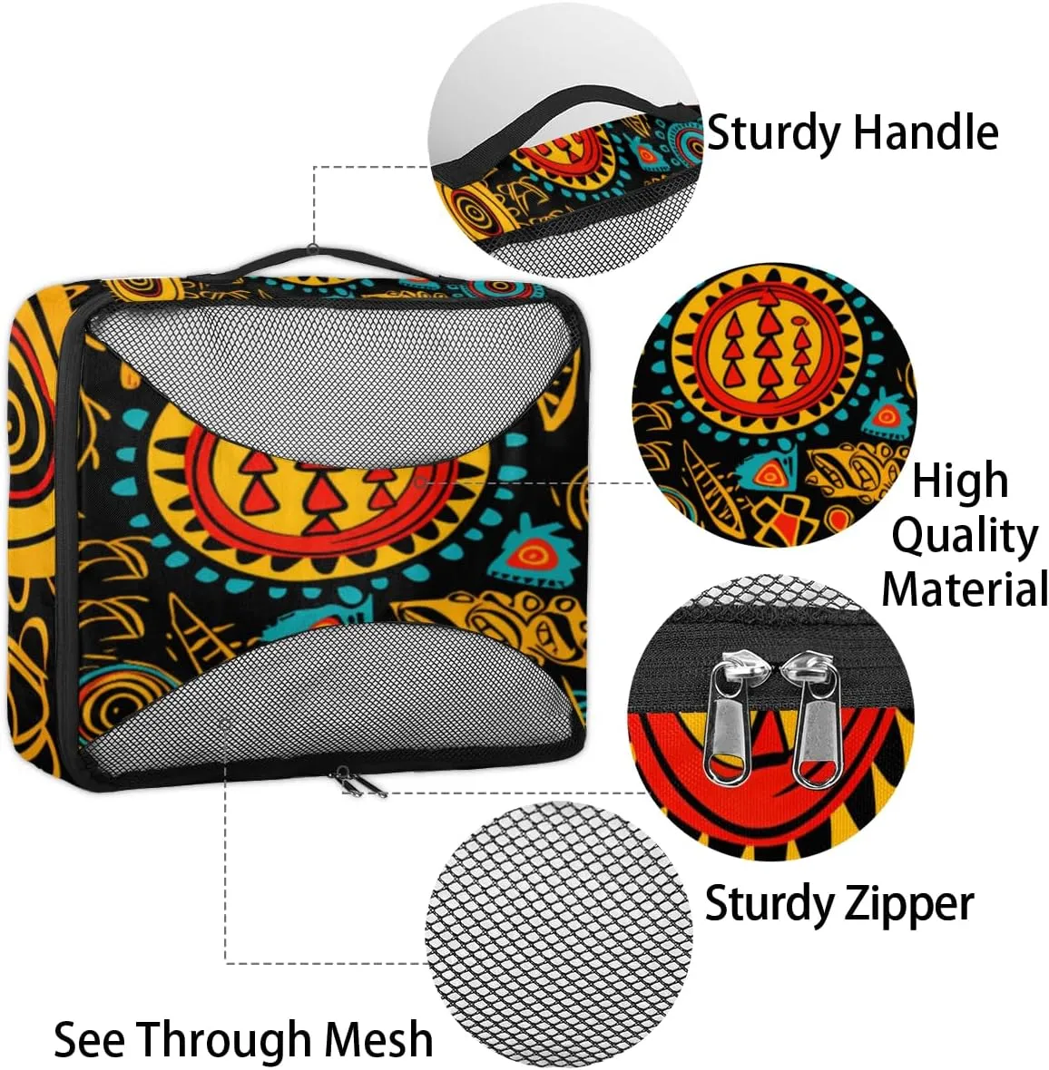 Ethnic Pattern Travel Packing Cubes 4 Set, African Print Luggage Packing Organizers Carry on Suitcase Storage Mesh Bags Accessories