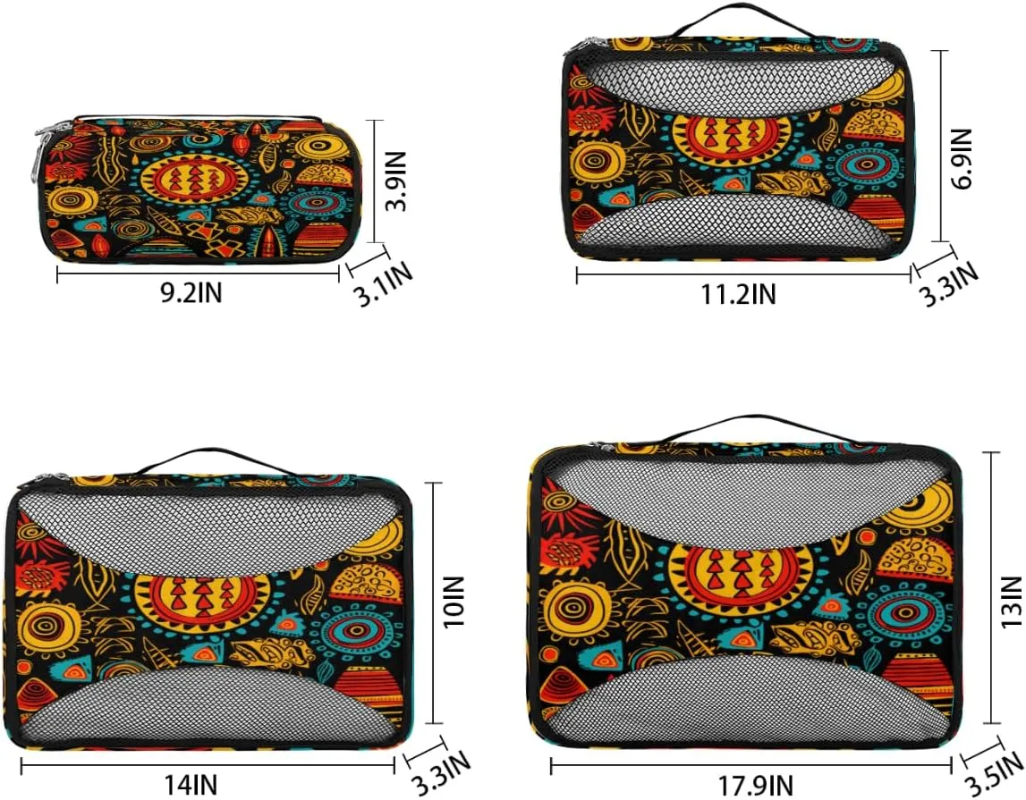 Ethnic Pattern Travel Packing Cubes 4 Set, African Print Luggage Packing Organizers Carry on Suitcase Storage Mesh Bags Accessories