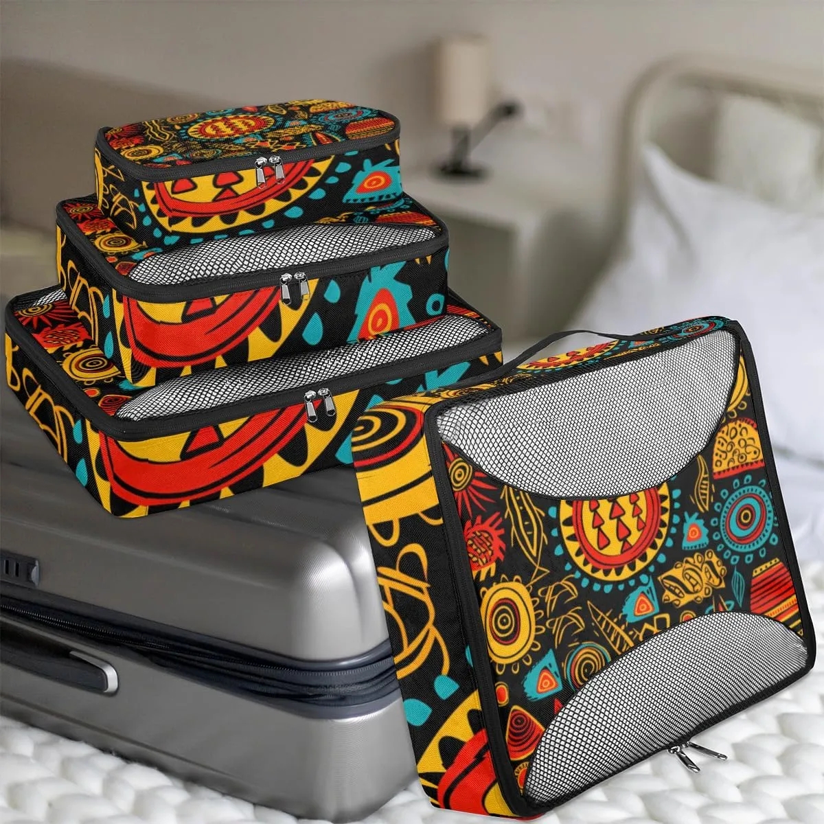 Ethnic Pattern Travel Packing Cubes 4 Set, African Print Luggage Packing Organizers Carry on Suitcase Storage Mesh Bags Accessories