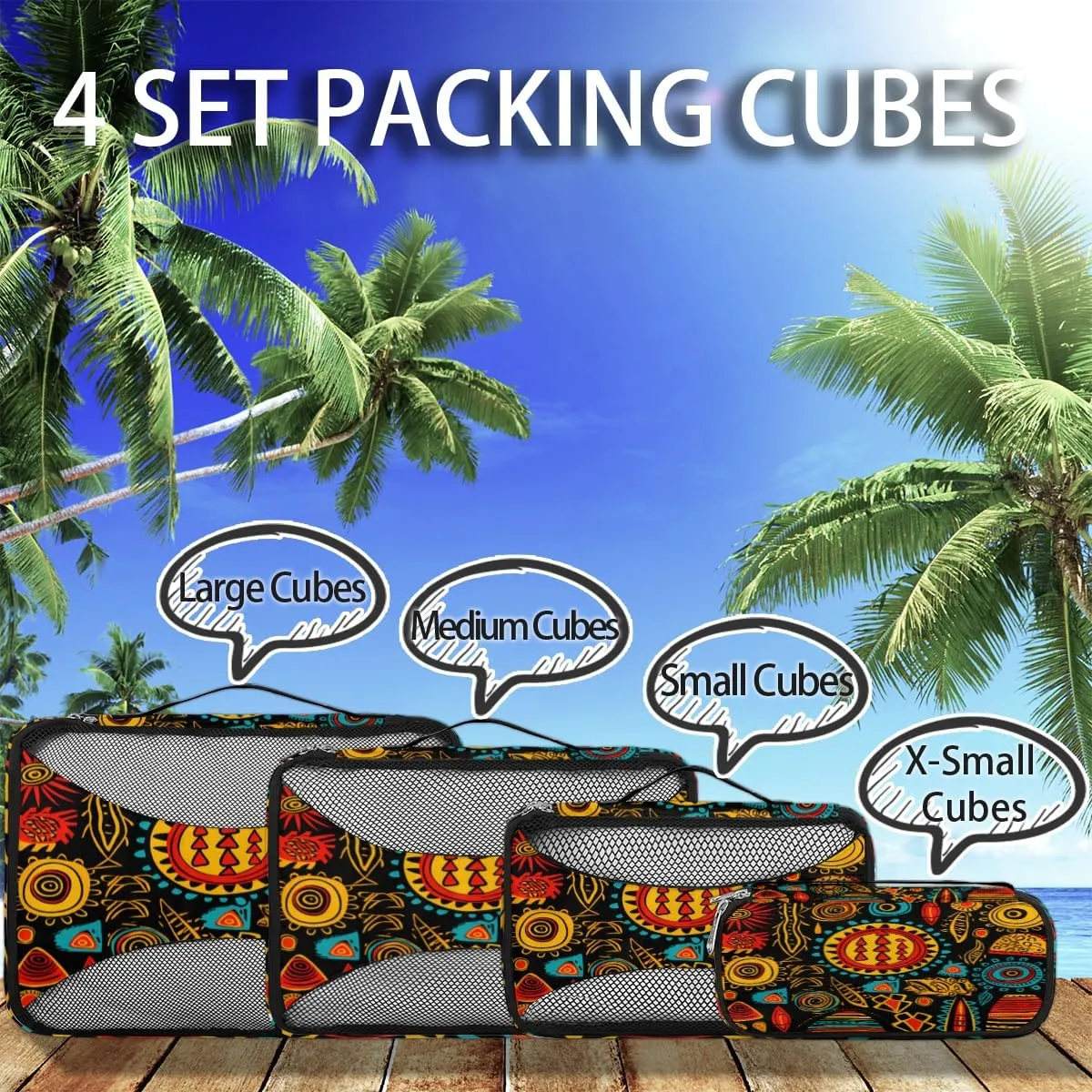 Ethnic Pattern Travel Packing Cubes 4 Set, African Print Luggage Packing Organizers Carry on Suitcase Storage Mesh Bags Accessories