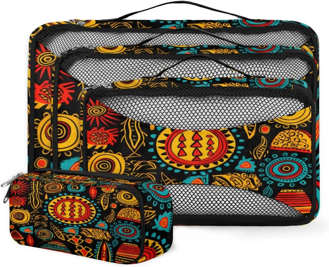 Ethnic Pattern Travel Packing Cubes 4 Set, African Print Luggage Packing Organizers Carry on Suitcase Storage Mesh Bags Accessories