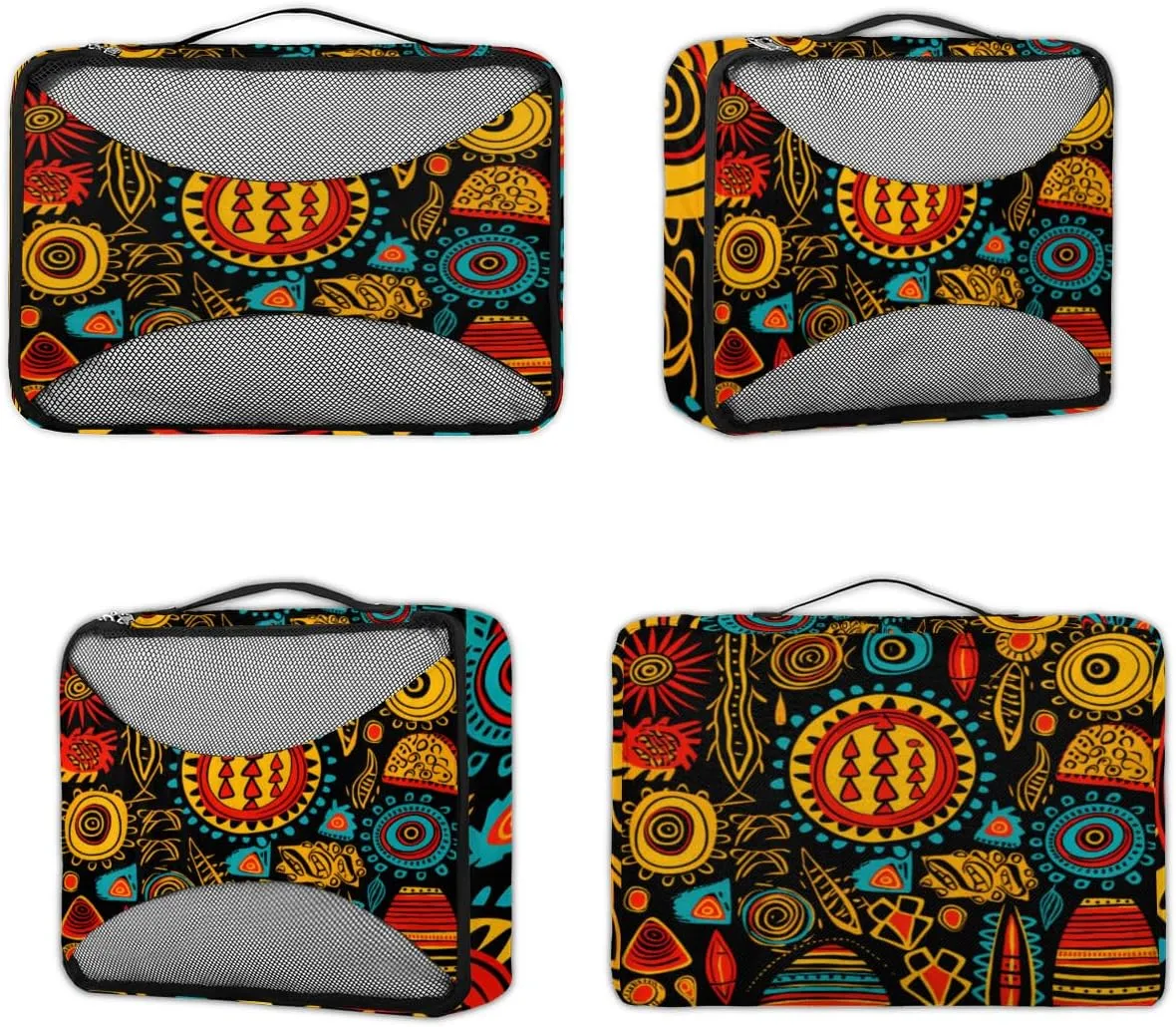Ethnic Pattern Travel Packing Cubes 4 Set, African Print Luggage Packing Organizers Carry on Suitcase Storage Mesh Bags Accessories