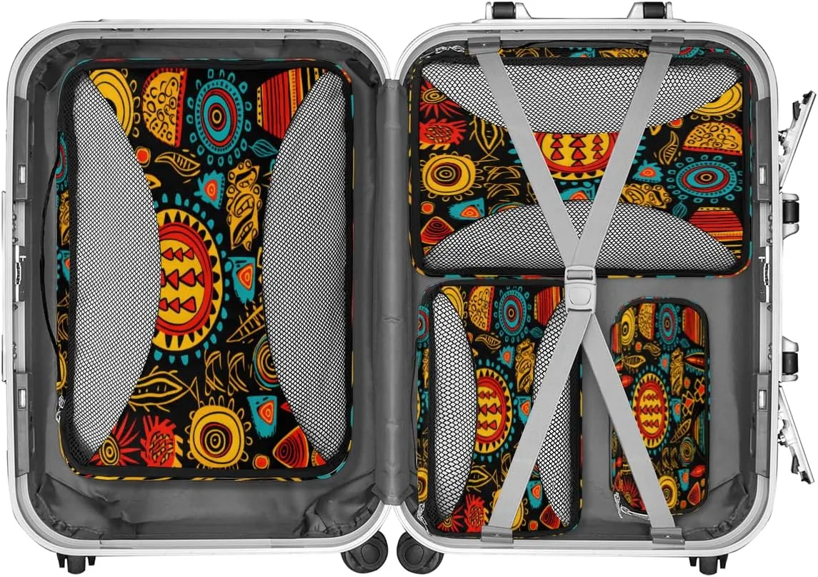 Ethnic Pattern Travel Packing Cubes 4 Set, African Print Luggage Packing Organizers Carry on Suitcase Storage Mesh Bags Accessories