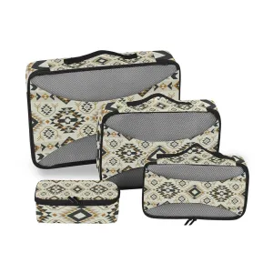 Ethnic Tribal Oriental Geometric Design 4 Set Packing Cubes, Travel Packing Organizers, 600D Oxford Cloth Toiletry Storage Bag, Luggage Mesh Bags for Accessories