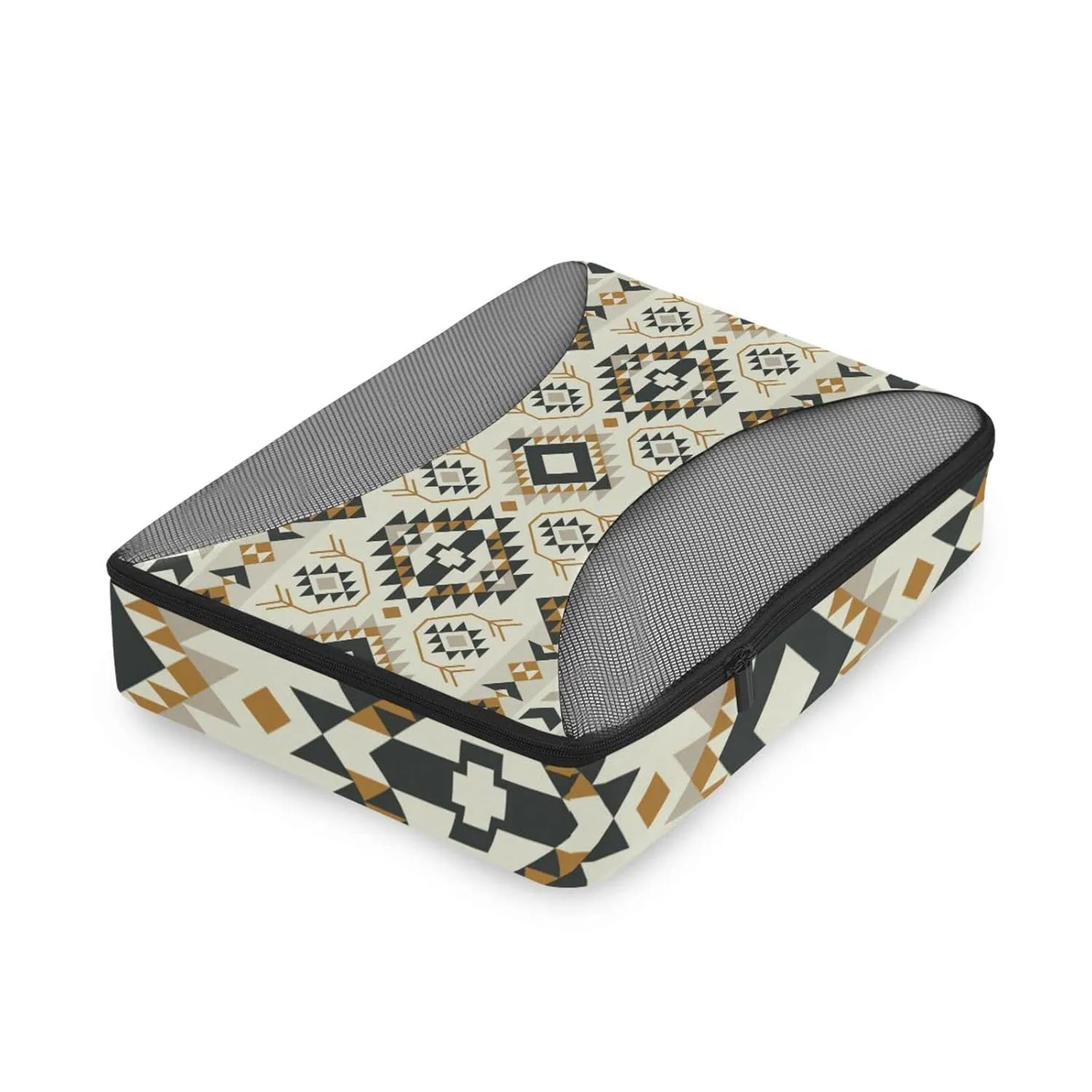 Ethnic Tribal Oriental Geometric Design 4 Set Packing Cubes, Travel Packing Organizers, 600D Oxford Cloth Toiletry Storage Bag, Luggage Mesh Bags for Accessories