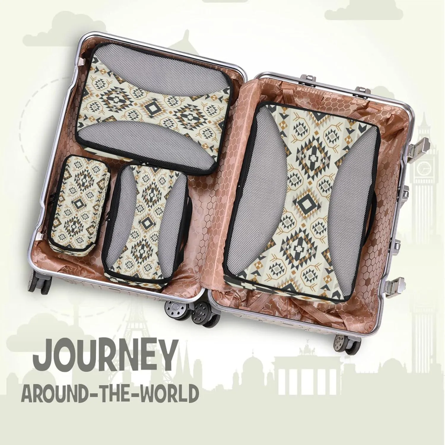 Ethnic Tribal Oriental Geometric Design 4 Set Packing Cubes, Travel Packing Organizers, 600D Oxford Cloth Toiletry Storage Bag, Luggage Mesh Bags for Accessories