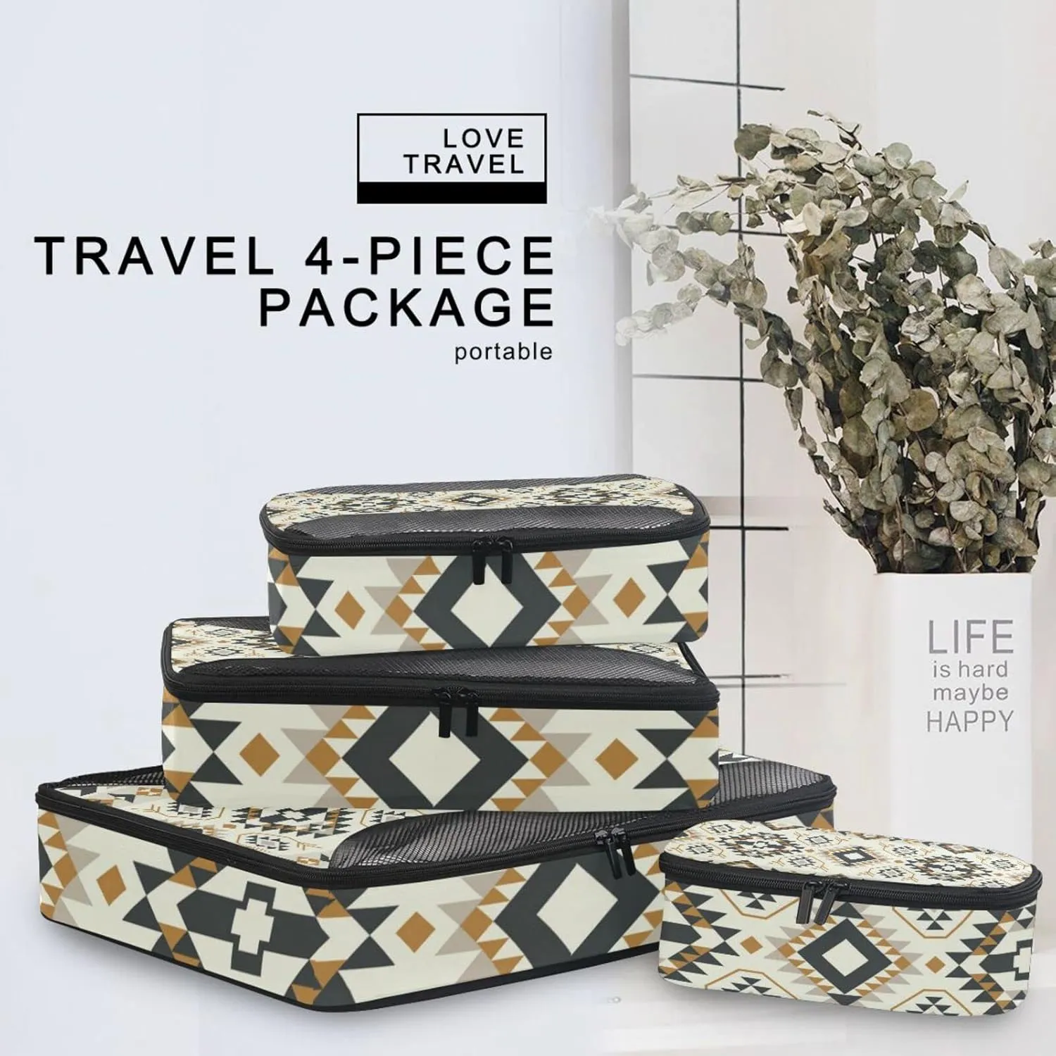 Ethnic Tribal Oriental Geometric Design 4 Set Packing Cubes, Travel Packing Organizers, 600D Oxford Cloth Toiletry Storage Bag, Luggage Mesh Bags for Accessories