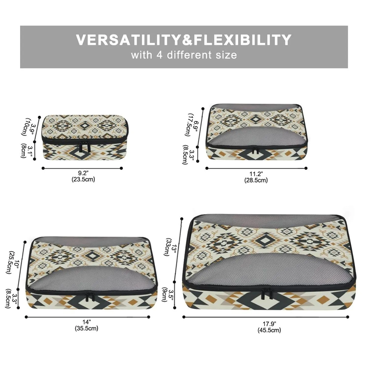 Ethnic Tribal Oriental Geometric Design 4 Set Packing Cubes, Travel Packing Organizers, 600D Oxford Cloth Toiletry Storage Bag, Luggage Mesh Bags for Accessories