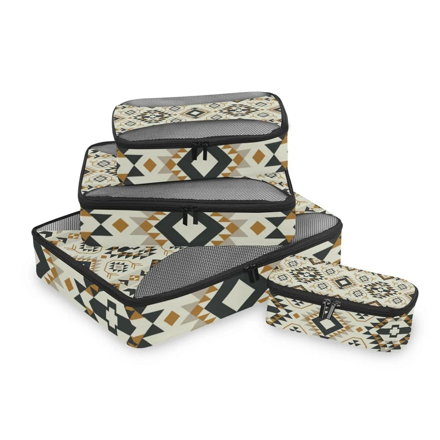 Ethnic Tribal Oriental Geometric Design 4 Set Packing Cubes, Travel Packing Organizers, 600D Oxford Cloth Toiletry Storage Bag, Luggage Mesh Bags for Accessories