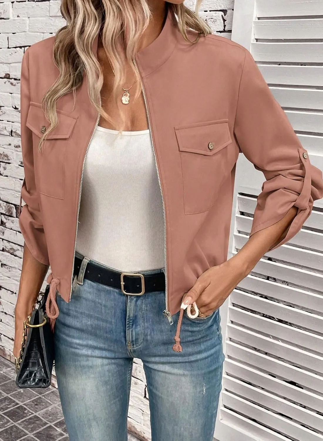 EVALESS Womens Zip Up Jacket Roll Tab Sleeve Flap Pocket Drawstring Hem Utility Lightweight Cropped Jackets