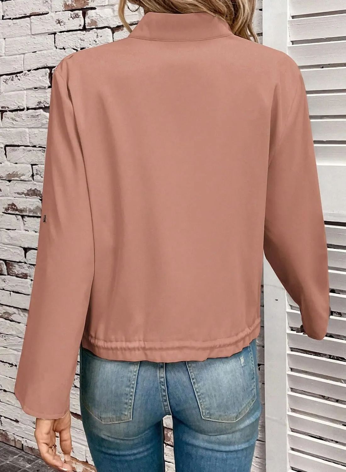 EVALESS Womens Zip Up Jacket Roll Tab Sleeve Flap Pocket Drawstring Hem Utility Lightweight Cropped Jackets