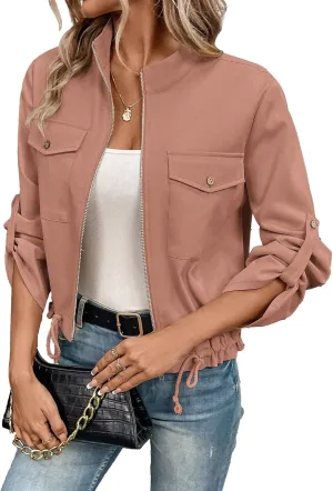 EVALESS Womens Zip Up Jacket Roll Tab Sleeve Flap Pocket Drawstring Hem Utility Lightweight Cropped Jackets