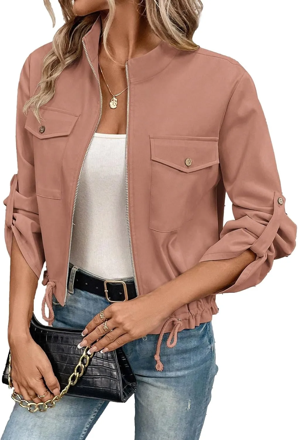 EVALESS Womens Zip Up Jacket Roll Tab Sleeve Flap Pocket Drawstring Hem Utility Lightweight Cropped Jackets
