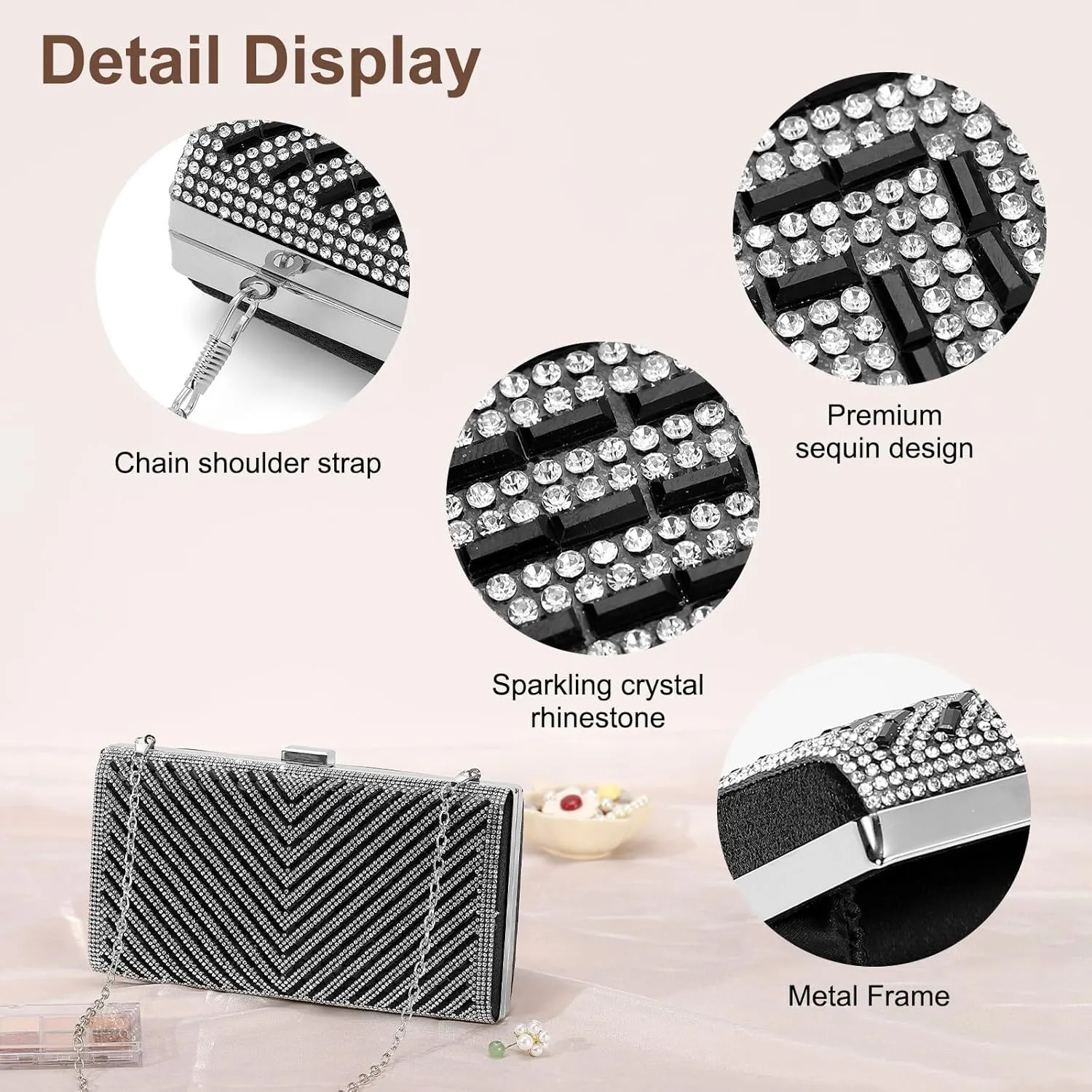 Evening Bags Clutch Purses for Women Formal, Crossbody Handbags Rhinestone Sequins Metal Clasp Purse Sparkly for Wedding Guest Party Black