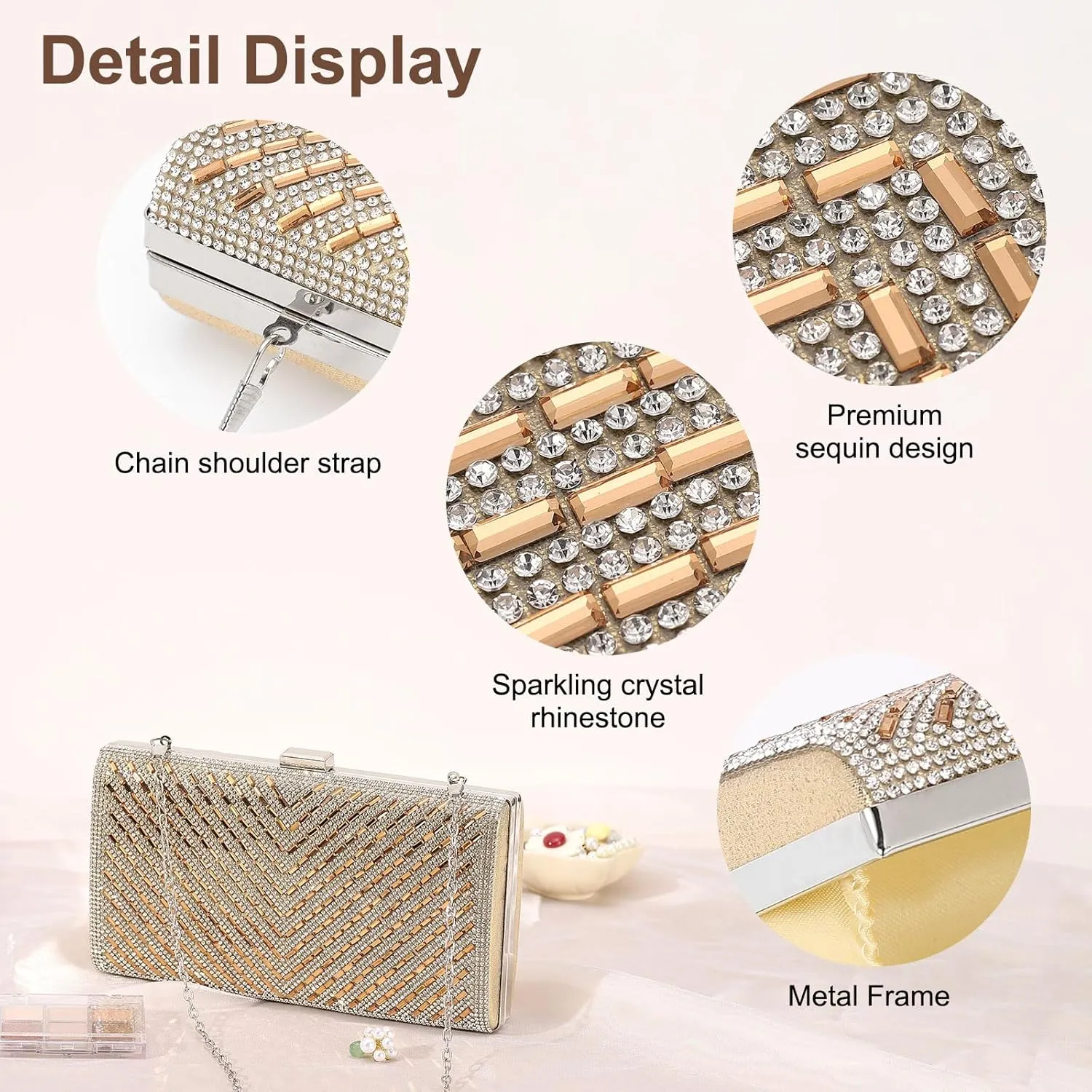 Evening Bags Clutch Purses for Women Formal, Crossbody Handbags Rhinestone Sequins Metal Clasp Purse Sparkly for Wedding Guest Party Gold