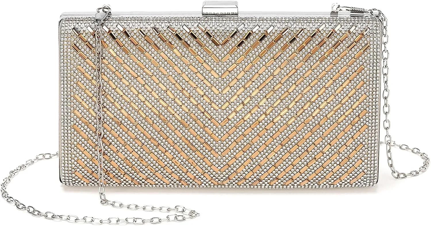 Evening Bags Clutch Purses for Women Formal, Crossbody Handbags Rhinestone Sequins Metal Clasp Purse Sparkly for Wedding Guest Party Gold