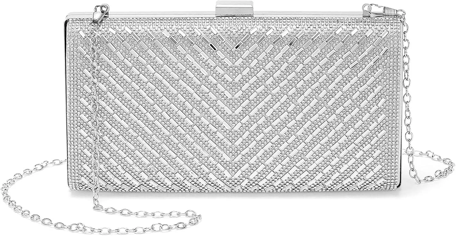 Evening Bags Clutch Purses for Women Formal, Crossbody Handbags Rhinestone Sequins Metal Clasp Purse Sparkly for Wedding Guest Party Silver