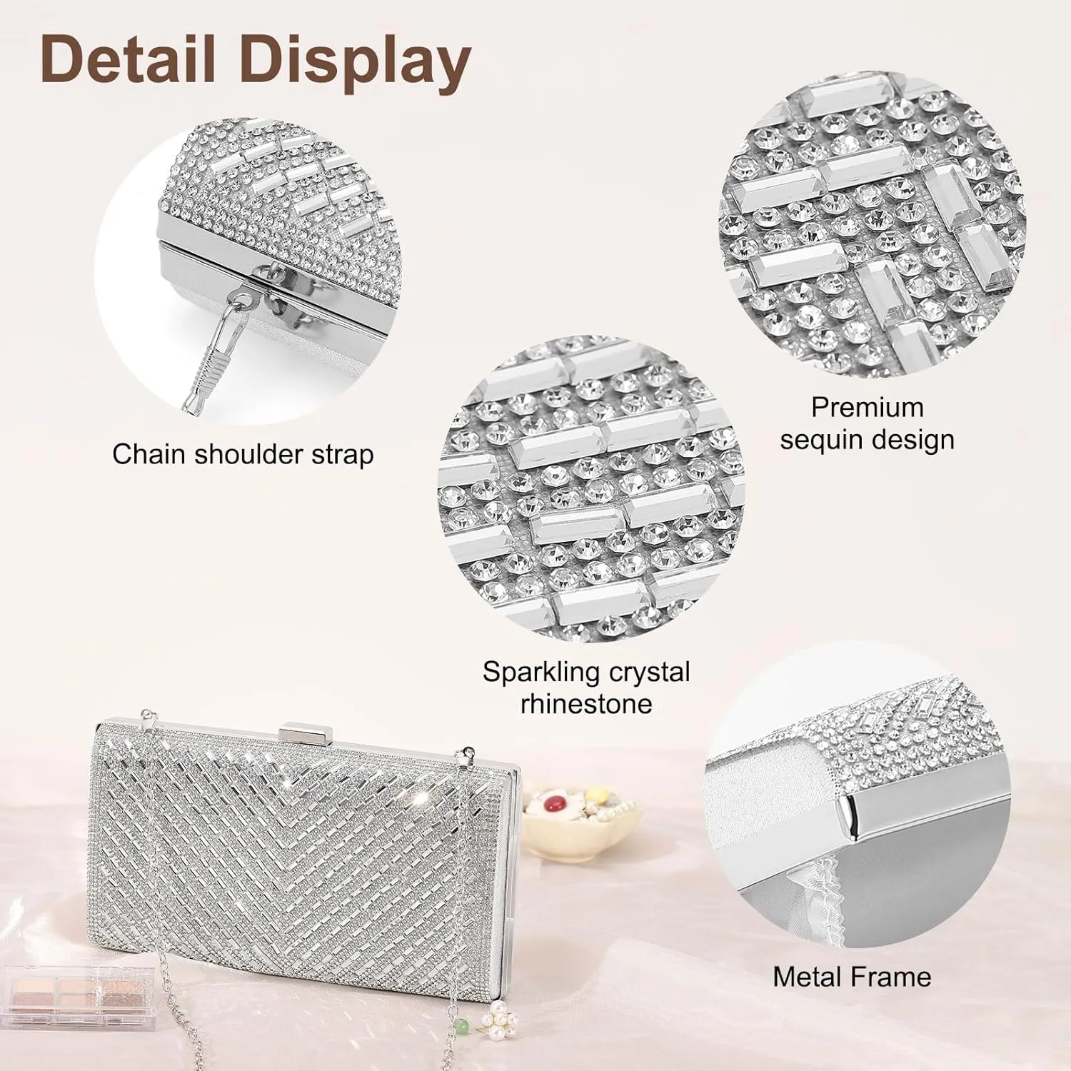Evening Bags Clutch Purses for Women Formal, Crossbody Handbags Rhinestone Sequins Metal Clasp Purse Sparkly for Wedding Guest Party Silver
