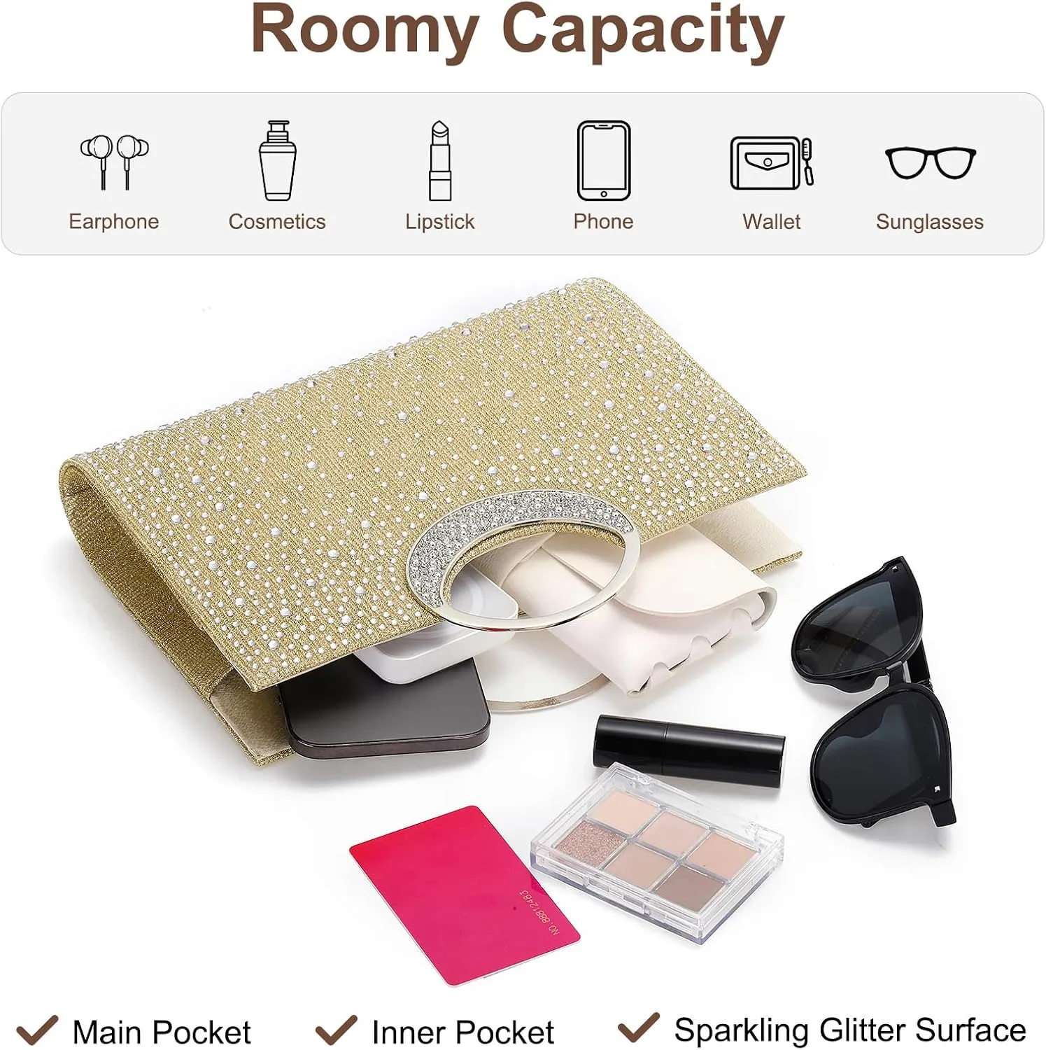 Evening Bags Clutch Purses for Women Formal, Rhinestone Handbags Purse CrossBody Handbag with Chain Sparkly for Wedding Guest Party, Apricot
