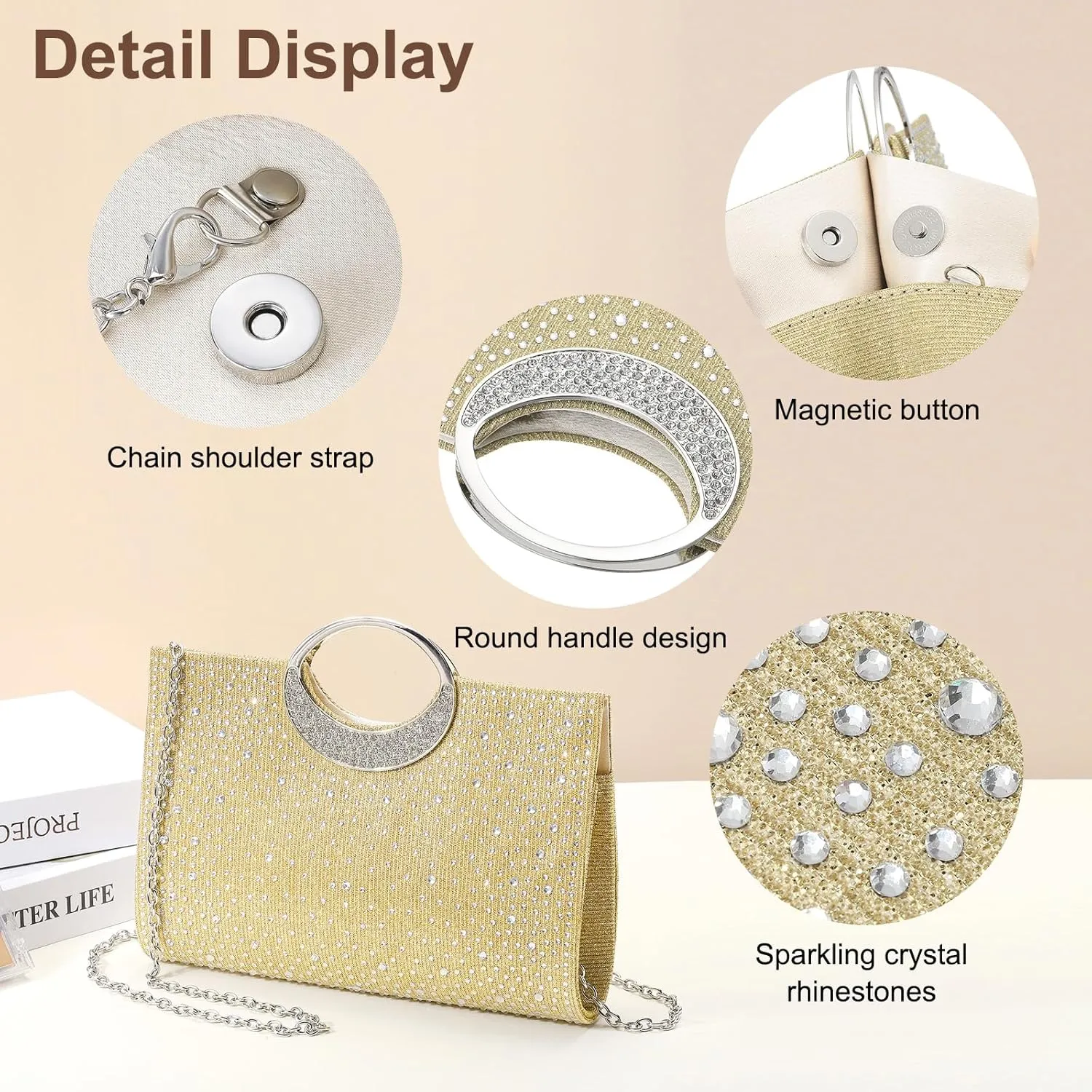 Evening Bags Clutch Purses for Women Formal, Rhinestone Handbags Purse CrossBody Handbag with Chain Sparkly for Wedding Guest Party, Apricot