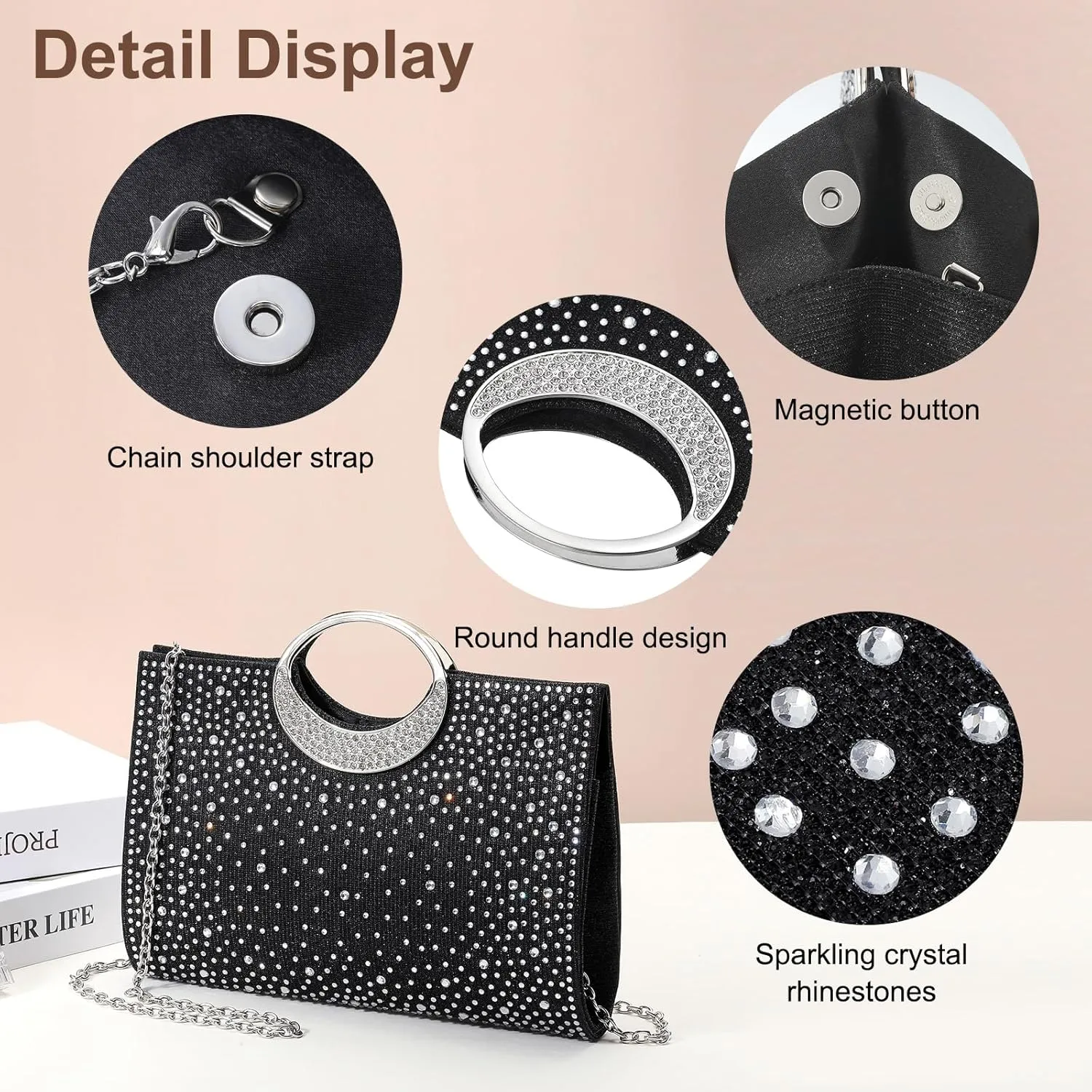 Evening Bags Clutch Purses for Women Formal, Rhinestone Handbags Purse CrossBody Handbag with Chain Sparkly for Wedding Guest Party, Black