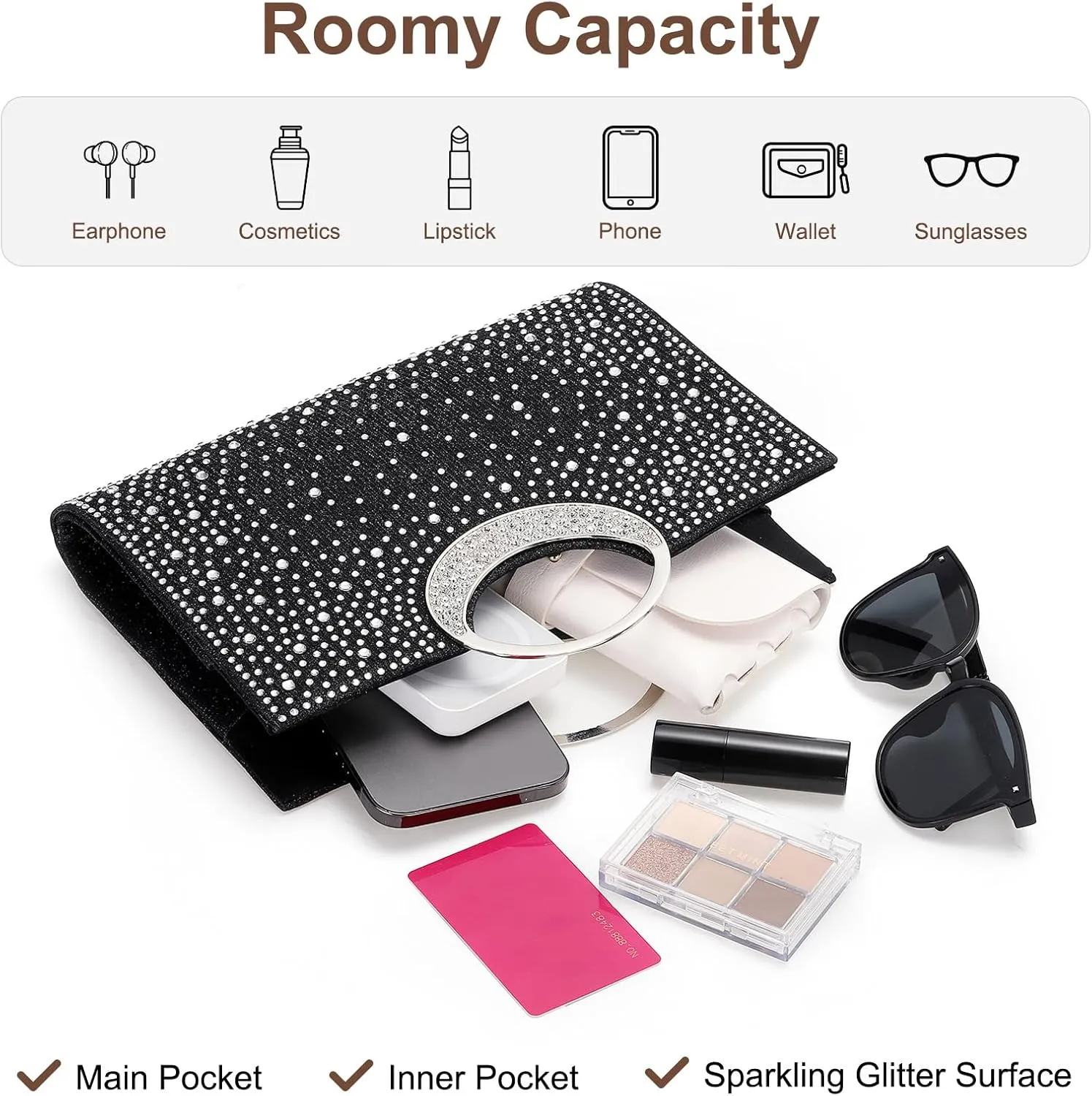 Evening Bags Clutch Purses for Women Formal, Rhinestone Handbags Purse CrossBody Handbag with Chain Sparkly for Wedding Guest Party, Black