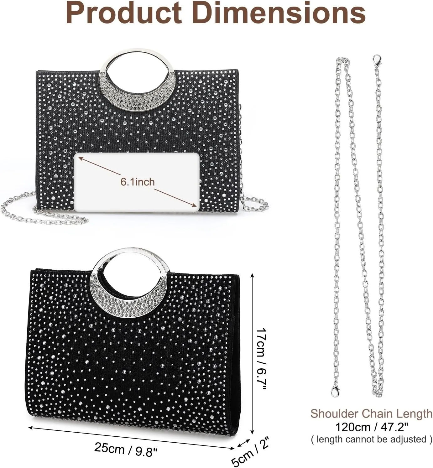 Evening Bags Clutch Purses for Women Formal, Rhinestone Handbags Purse CrossBody Handbag with Chain Sparkly for Wedding Guest Party, Black