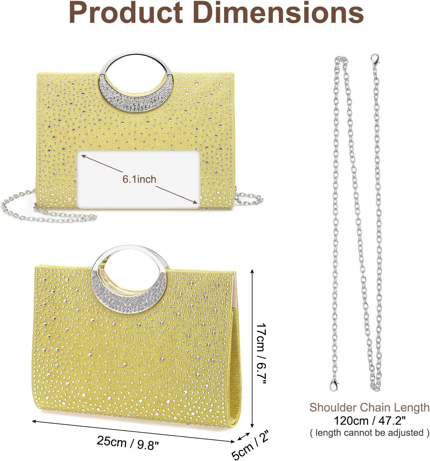 Evening Bags Clutch Purses for Women Formal, Rhinestone Handbags Purse CrossBody Handbag with Chain Sparkly for Wedding Guest Party, Gold